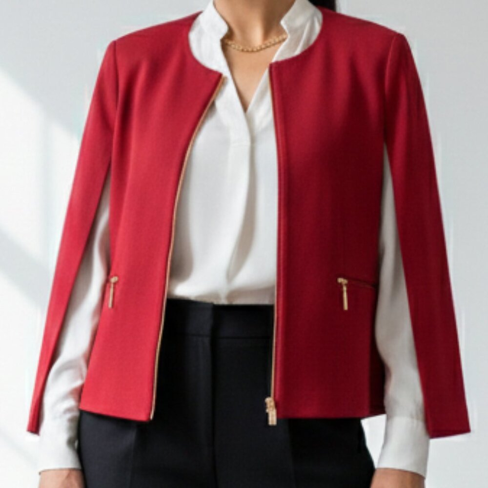 Cape‎ Sleeve Chico's Red Ponte Zip Front Blazer Jacket Size 2 L Large